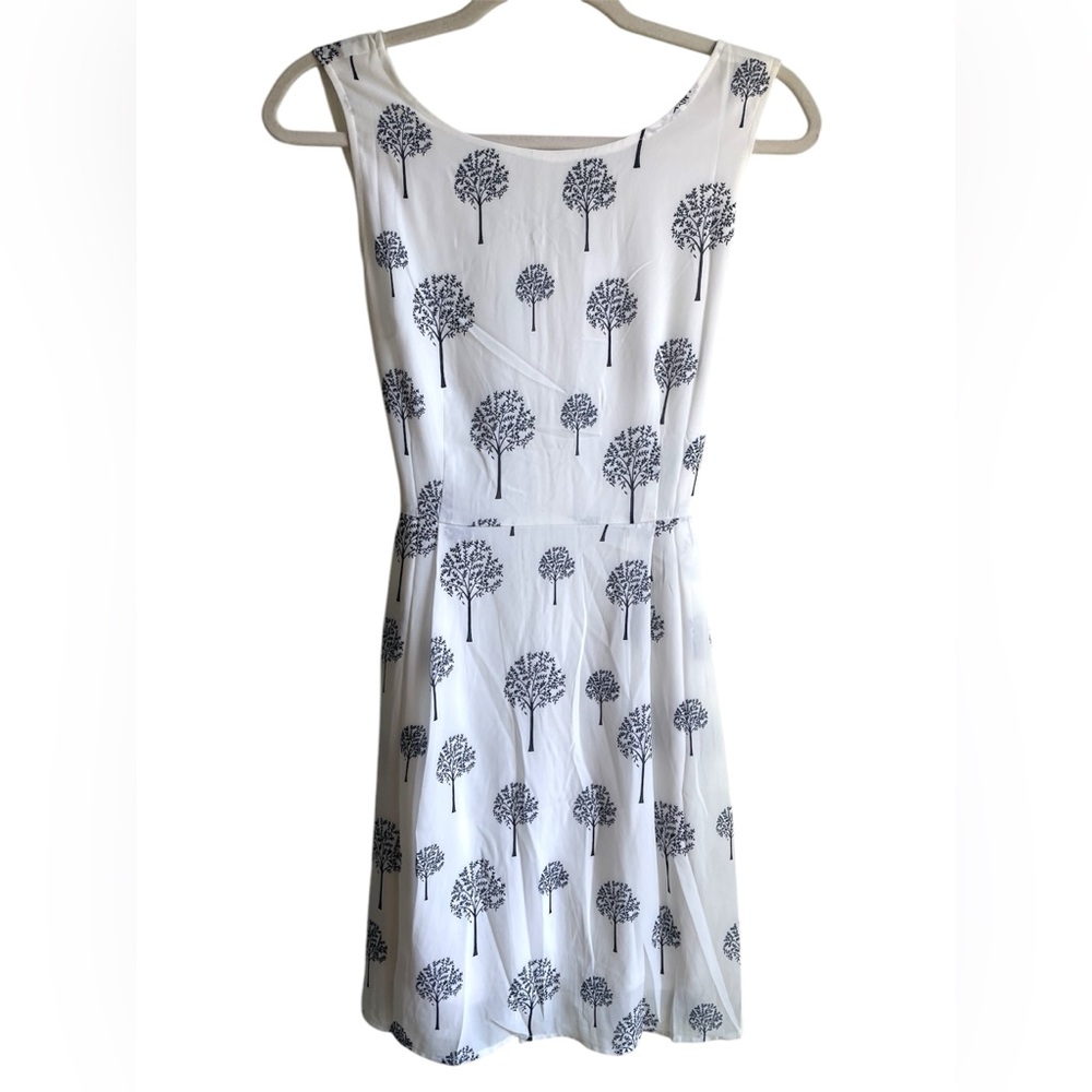White Midi Dress with Tree Print Pattern